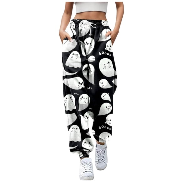 Bmisegm Pantalon Décontracté Élégant pour Femme avec Imprimé de Dessin Animé d'Halloween pour le Quotidien Noir P
