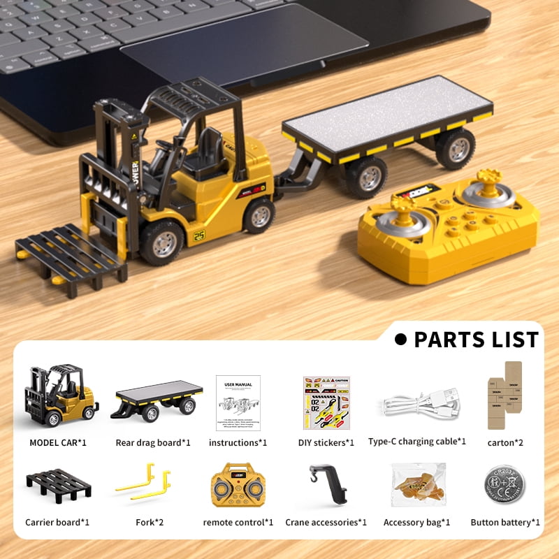 Mini Forklift Remote Control 1:64 RC Truck Toys 2 in 1 RC Cars Lift Fork & Hook with Lights & Sounds for Kids Christmas Birthday Gifts