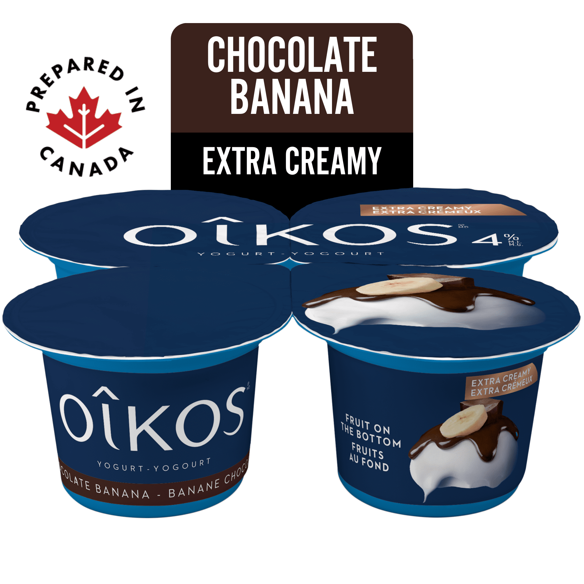 Oikos Extra Creamy Yogurt, Banana Chocolate, Blended, 4% M.F, 4x95g