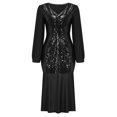 thumbnail image 4 of Pompotops Robe de Soirée Femme Mode Sexy Élégante Sequins Col en V Profond Couleur Unie Manches Longues à Volants, 4 of 8