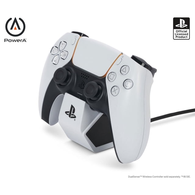 PowerA Station de Recharge Solo pour DualSense Wireless Controllers en Blanc, Tenant une DualSense controller au design Noir et Blanc, avec Recharge à Pression et Indicateur de base à DEL, sous Licence Officielle pour Accessoires PS5, Convient pour Garder les Manettes Rechargeables et Affichées.