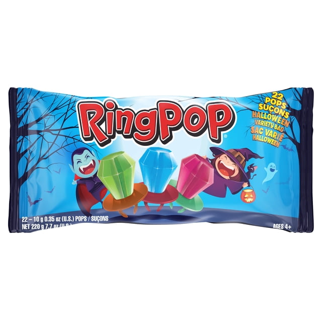 Halloween bag Ring Pop 22ct centered front-facing retail pouch showing 22 individually wrapped 10g wearable Ring Pops with bright Halloween graphics, assorted Ring Pop flavors and a visible '40 calories per pop' note. Suitable for trick-or-treating, party favors and classroom giveaways.