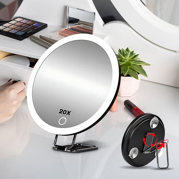 ZZkhGO Rechargeable LED Light Makeup Mirror, 360 Degree Rotating Vanity Mirror with Light, Magnifying Mirror with Stand for Home Bathroom Bedroom