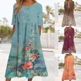 thumbnail image 1 of Jovati Robe à Manches Courtes à Col Rond pour Femmes, Motif Floral Imprimé, Silhouette Évasée Fluide, Mélange Polyester Spandex, Coupe Estivale Légère, Détail Taille Élastique, 1 of 5