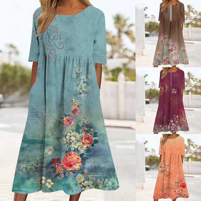 Jovati Robe à Manches Courtes à Col Rond pour Femmes, Motif Floral Imprimé, Silhouette Évasée Fluide, Mélange Polyester Spandex, Coupe Estivale Légère, Détail Taille Élastique