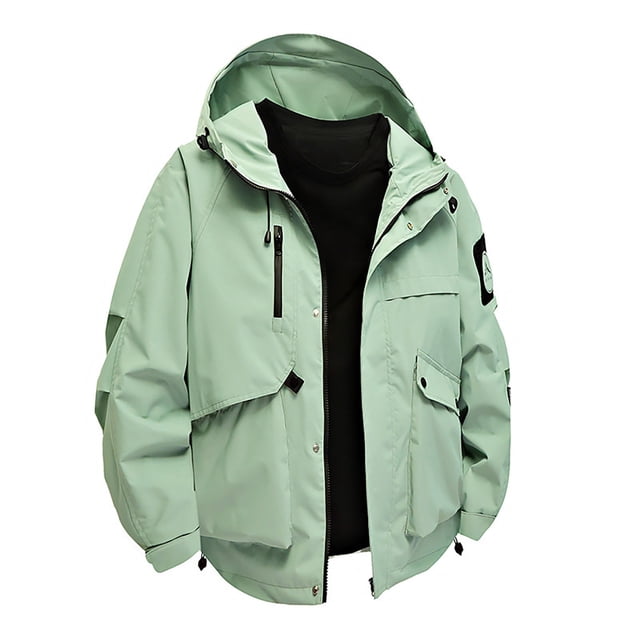PEONAVET Mens Jacket Men's Solid Color Waterproof Long Sleeved Hooded Workwear With Multiple Pockets Jacket