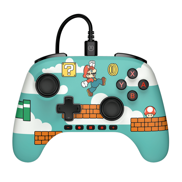 PowerA Advantage Wired Controller for Nintendo Switch 2 - Mario Time with a front-facing view featuring a turquoise background decorated with Super Mario graphics including Mario jumping, a question mark block, coin, brick platforms, a green pipe, and a red mushroom. The controller has two black hall effect thumbsticks, a black D-pad, black X, Y, A, B buttons with red lettering, a 10 ft USB-C cable, and on-board audio controls for headset volume and mic mute.