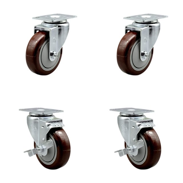 Ensemble de 4 Roulettes Pivotantes en Polyuréthane avec Roues de 4 Pouces Marron - Comprend 2 Freins à Verrouillage Supérieur et 2 Pivotants - Capacité Totale de 1400 lbs - Marque Service Caster