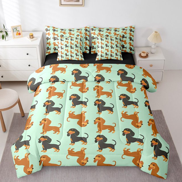 Erosebridal Ensemble de Literie Mignon Teckel Format Simple, Ensemble de Lit Thème Chien Animal de Compagnie pour Enfants Garçons Filles, Réversible 7 Pcs