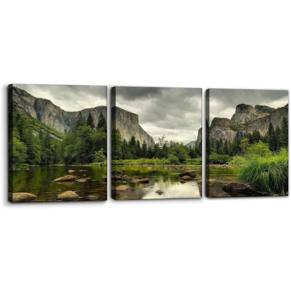 Décor Mural sur Toile du Parc National de Yosemite, 3 Pcs, Art Mural de Paysage, Lac d'Eau Claire, Images de Montagne, Impressions de Peinture sur Toile, Décor Moderne, Tendu, Encadré, Prêt à Accrocher, Panneau 12"x16"x3