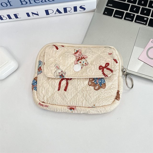 Cute Cartoon Floral Quilted Coin Purse Mini Canvas Wallet Multi-Functional Storage Bag Women Makeup Lipstick Bags Jewelry Packing Bag