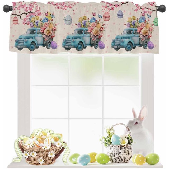 Easter Valances for Windows Truck Easter Eggs Kitchen Curtain Valances Butterfly Flower Pink Cherry Blossom Window Treatment Short Topper Curtains for Easter Day and Spring, 54x18 Inch
