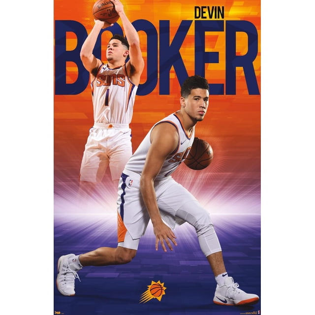 NBA Phoenix Suns - Devin Booker 18 Wall Poster, 22.375" x 34" Framed showing two action shots of Devin Booker in white Phoenix Suns uniform with orange and purple accents, one shooting and one dribbling a basketball, set against an orange and purple gradient background with large blue 'BOOKER' text and the Suns logo at the bottom, suitable for sports fan room decor.