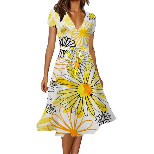 B91xZ Womens Spring Summer Dresses Short Sleeve Fashion Solid V-Neck Lantern Flowy Swing Shift Loose Dress,Yellow M