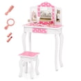 thumbnail image 1 of Costway Kids Vanity Table & Stool Set with Cute Polka Dot Print Tri-folding Mirror Drawer Pink&White, 1 of 10