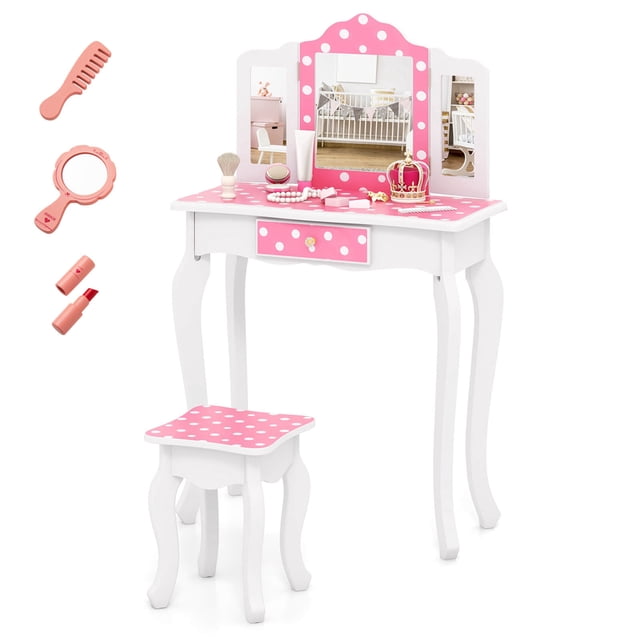 Costway Kids Vanity Table & Stool Set with Cute Polka Dot Print Tri-folding Mirror Drawer Pink&White