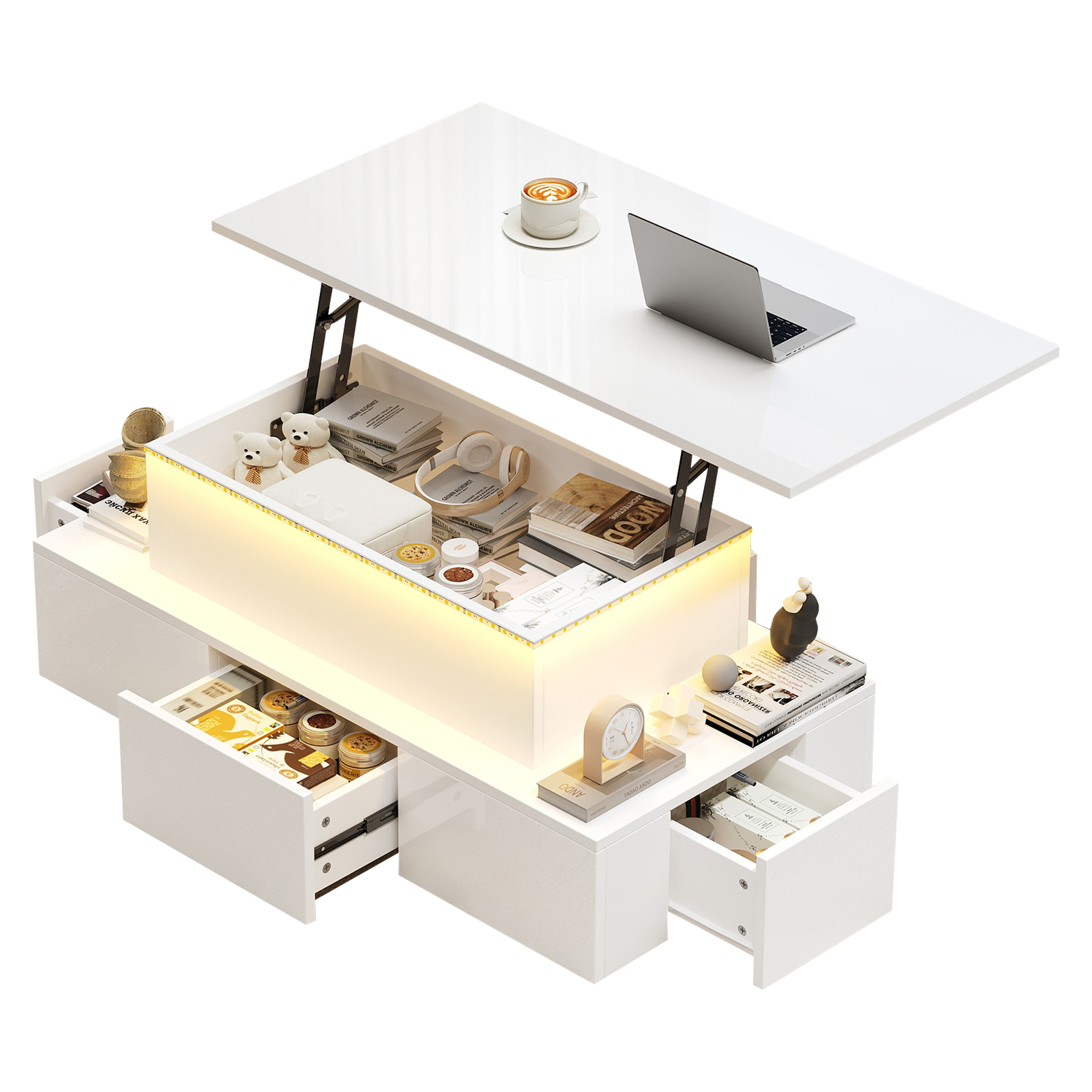 Homy Casa table basse blanche relevable avec 4 tiroirs, lumières LED et rangement caché pour salon