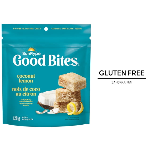 SunRype Good Bites Bouchées de Noix de Coco et Citron 120 g Sachet avec Fond Sarcelle Présentant Trois Bouchées Moelleuses Superposées de Noix de Coco et Citron, des Morceaux de Noix de Coco et des Boucles d'Écorce de Citron, Sans Gluten, Sans Noix, Véganes et Sans Agents de Conservation Ni Arômes Artificiels, Idéal pour Grignoter sur le Pouce Ou pour Ajouter aux Plateaux de Collations.
