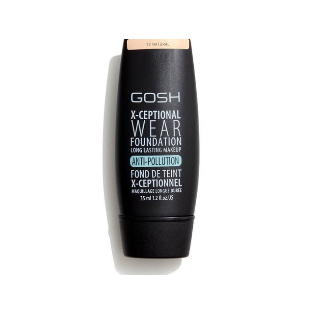 GOSH X-Ceptional Wear 12 Natural liquid foundation in a black matte squeeze tube with white and teal text, offering medium coverage, natural matte finish, anti-pollution protection, and long-lasting moisturizing makeup in 35 ml (1.2 fl oz).