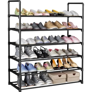 AGASY 6 Rack de chaussures en métal de niveaux, organisateur de rangement réglable de la plate-forme de chaussures & Rangement de chaussures pour entrée, Hallway, Salon, Dressing, Noir - Montage facile (noir)