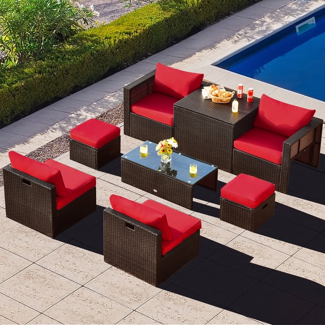 Gymax 8PCS Patio Rattan PE Wicker Conversation Set All-Weather Furniture Set w/ Cushions Red