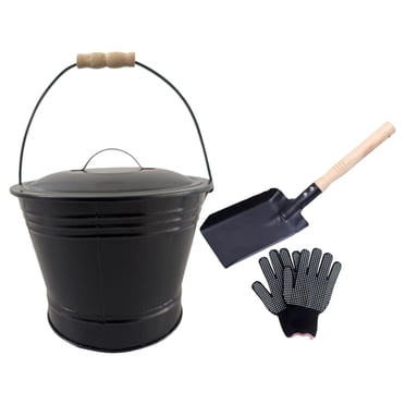 veasfak Ash Bucket Black with Lid Iron Fireplace Bucket for Hearth Wood Stove Indoor