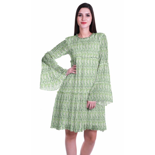 Moomaya Robe d'Été Fluide à Manches Longues Imprimée pour Femmes, Longueur Genou, Évasée