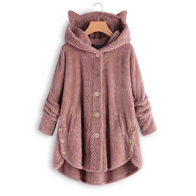 PVCS Women's Keep Warm Button Down Cardigan Hoodies Cat Ears Irregular Plush Solid Hooded Coat Tops
