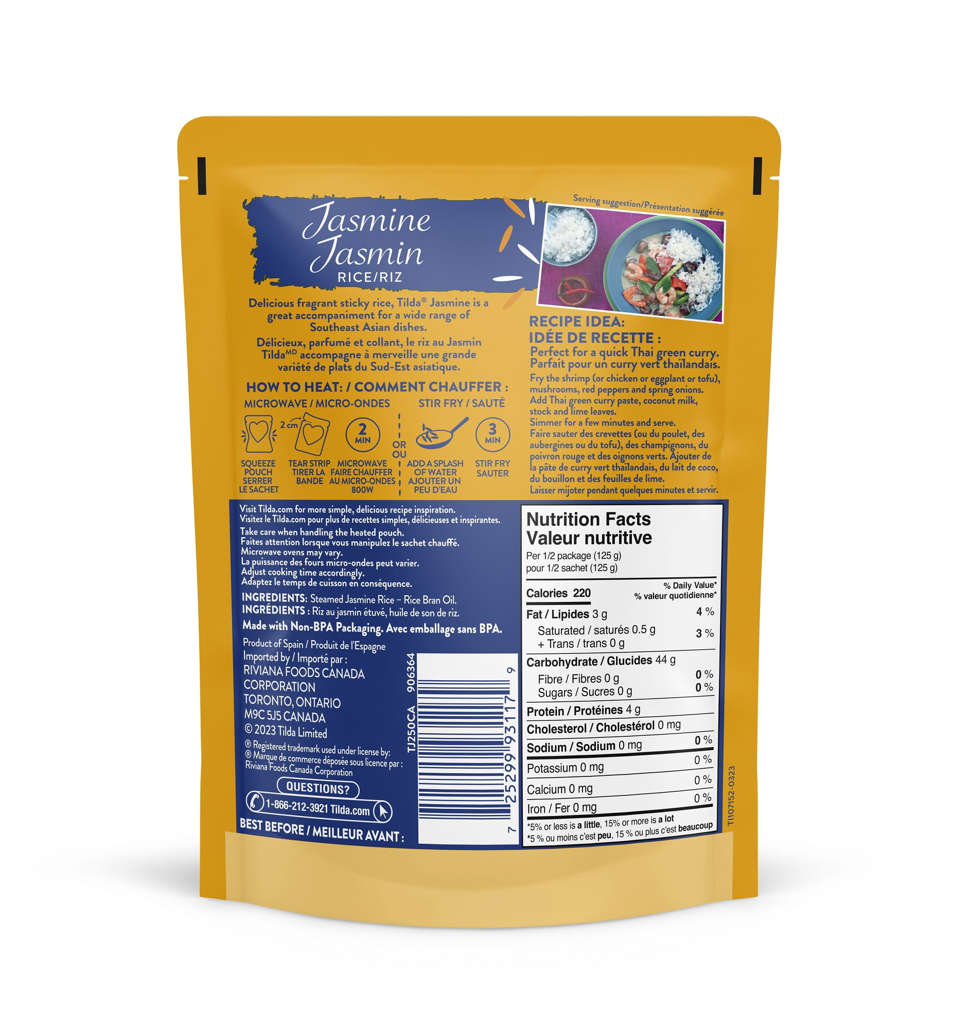 riz a la vapeur pret-à-chauffer Tilda - riz au jasmin 250G