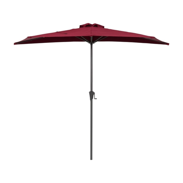 CorLiving Versa 8.5ft outdoor patio half umbrella with burgundy vented polyester canopy and powder-coated steel frame, featuring a 7.5ft tall pole with crank handle for easy opening, ideal for small balconies or patios and suitable for use with a weighted base.