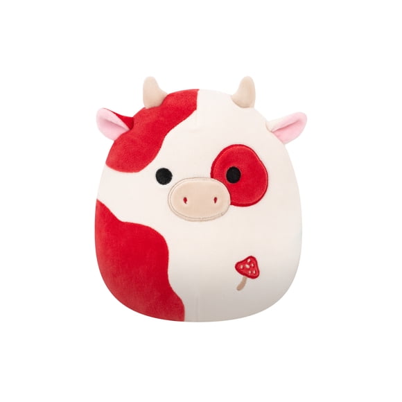 Peluche Squishmallows 19 cm - Claudio la Vache Tachetée Crème et Bordeau avec Broderie Champignon