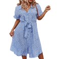 thumbnail image 4 of Femmes Bouton vers le Bas Midi Robe à Manches Courtes Imprimé Floral Ceinture en Vrac Robe Chemise Jaune M, 4 of 8