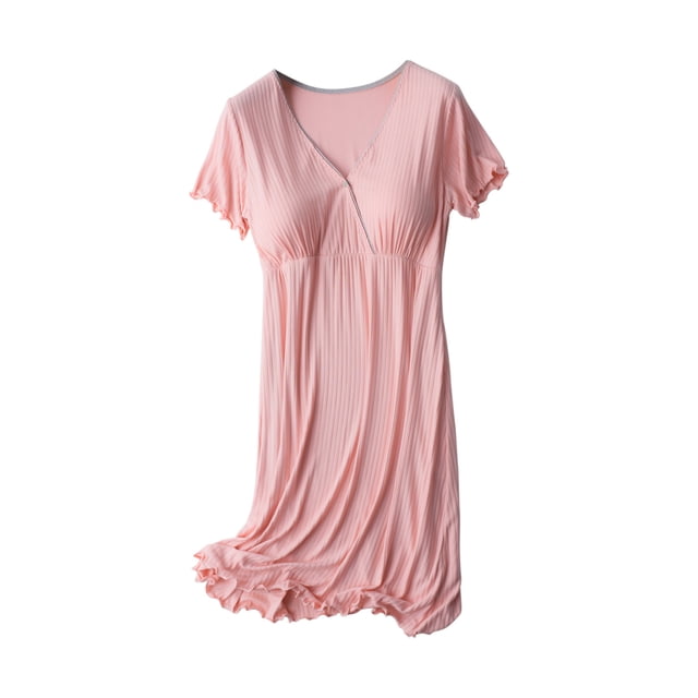 Zwiiyzr 2025 Pyjama de Maternité pour Femmes Robe d'Allaitement Robes d'Allaitement Uni Col en V Manches Courtes Post-Partum Robe de Grossesse Vêtement de Nuit avec Coussinet de Poitrine Vêtements d'Été de Maternité Rose