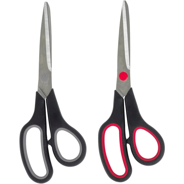 Merangue 8" Comfort Grip Scissors, Assorted, 12 Pack showing two 8-inch scissors with stainless steel pointed blades and ergonomic black handles with soft rubberized grips in grey and red, designed for precise cutting in office, crafting, and classroom settings.