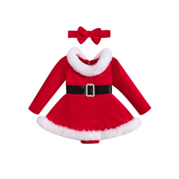 Fortune Baby Girl Christmas Red Dress Inafnt Long Sleeve Fluff Hem A-Line Santa Dress 0-24 Months