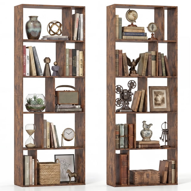 Costway 2 PCS 5-Tier Bookshelf with Open Back, Display Storage Shelf with Anti-Tipping Kits Industrial Brown