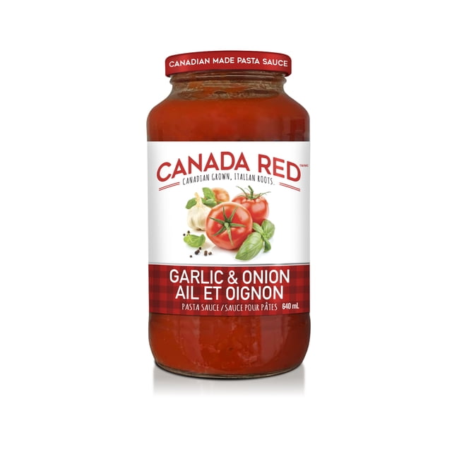 Canada Red Garlic & Onion Pasta Sauce in a 640 mL glass jar with a red lid labeled Canadian Made Pasta Sauce, featuring a white label with images of tomatoes, garlic, onion, and basil, made in Canada using 100% Canadian grown tomatoes with Italian roots, ideal for enhancing pasta dishes.