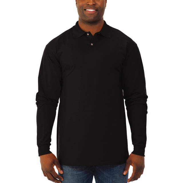 Jerzees Men's SpotShield Stain Resistant Polo Shirts (Short & Long, Long Sleeve-Black, Medium