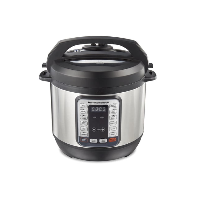 Hamilton Beach QuikCook Pressure Cooker, 8-quart stainless steel multifunction electric cooker with black lid and handle, digital control panel with 12 preset programs including meat, poultry, rice, beans, and yogurt, featuring dual pressure modes and True Slow technology for even cooking.