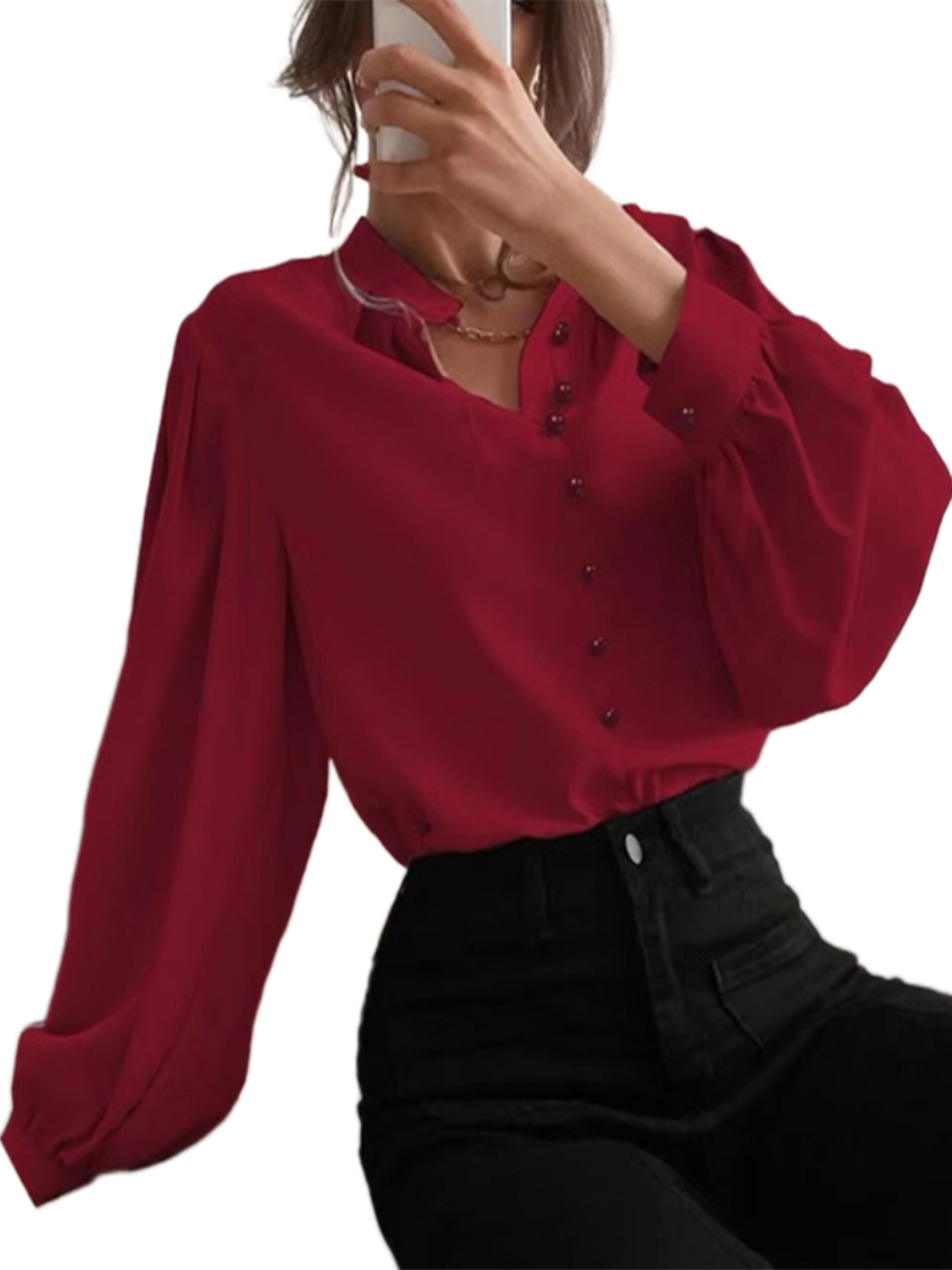 LUXUR Hauts à Manches Longues pour Femmes Chemises de Travail Amples Bordeaux S