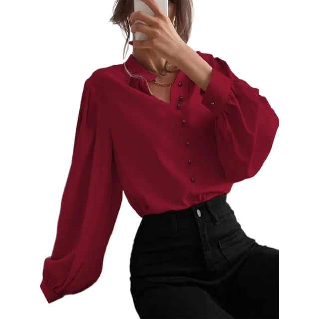 Innerwin Hauts Manches Longues Chemises Femmes Bureau Col Rond Blouse Unie Bordeaux m