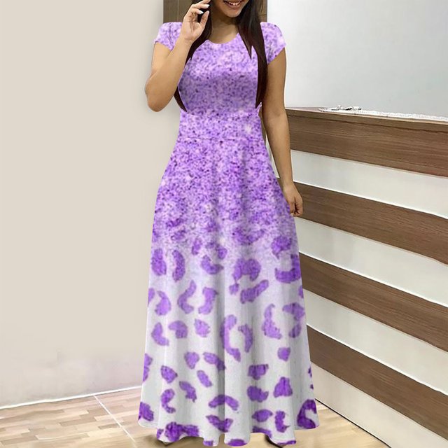 Robes pour Femmes 2024 Été Oversize Col Rond Manches Courtes Imprimé Quotidien Décontracté Vintage Bohème Robe Maxi Rabais de 50 % Liquidation!