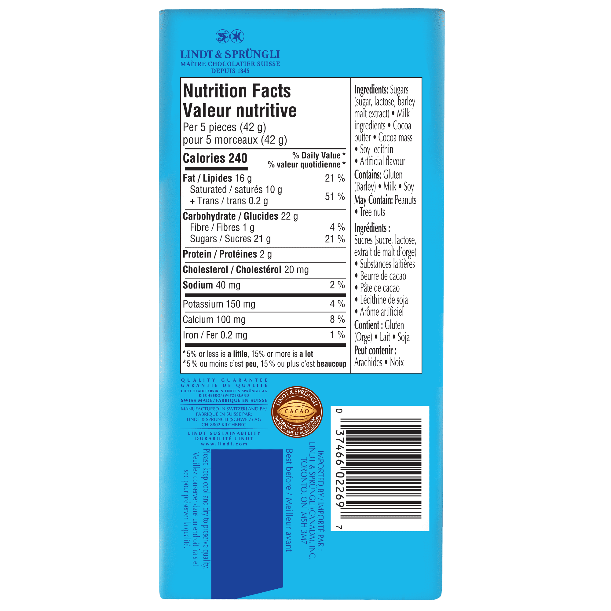 Chocolat double lait Lindt SWISS CLASSIC – Barre (100 g)