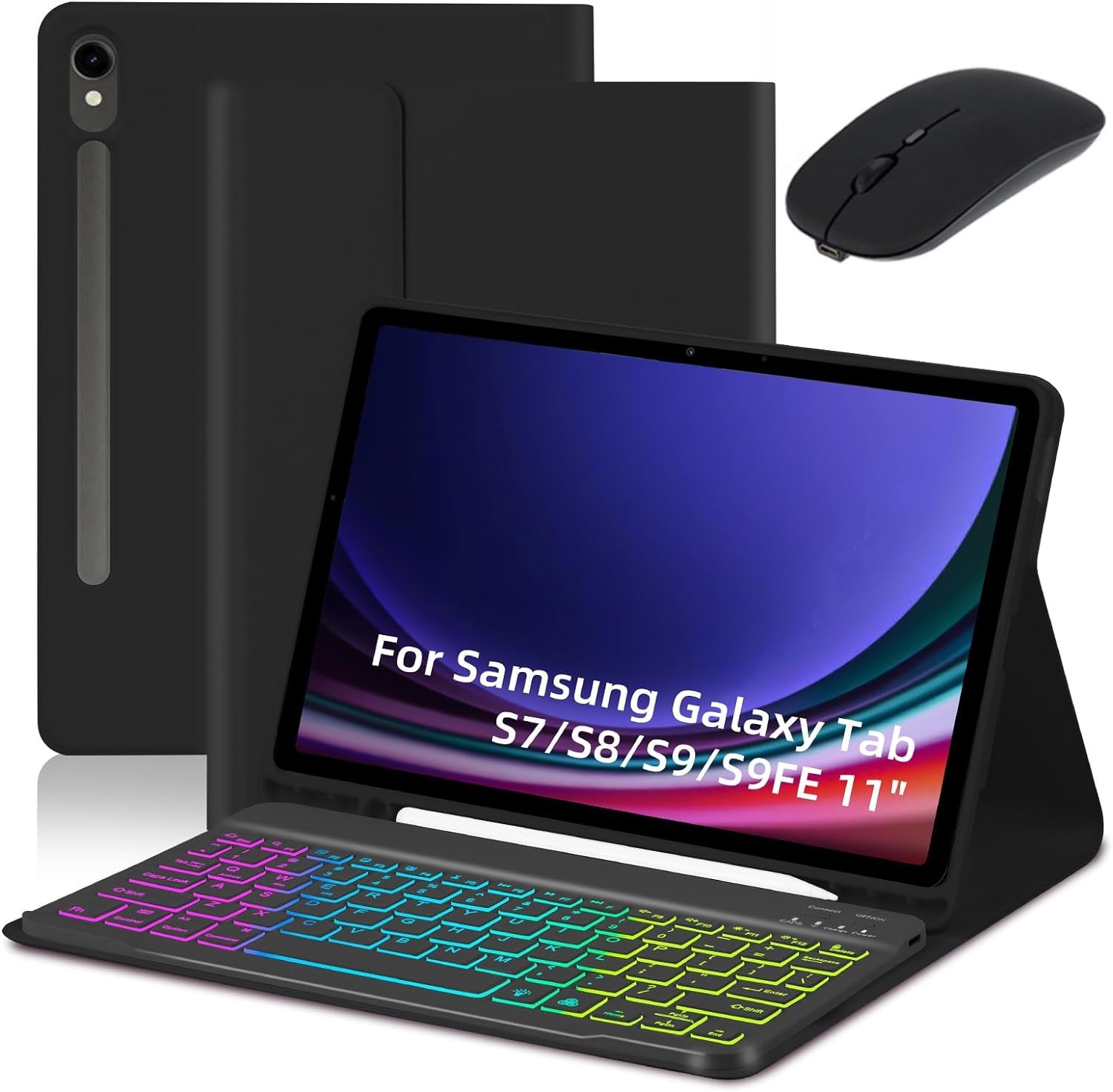 Clavier Bluetooth Rétroéclairé RGB avec Souris Sans Fil à Double Mode pour Samsung Galaxy Tab S9 FE 10.9 Pouces / Tab S9 11 Pouces (Ensembles Noirs, pour Galaxy Tab S9 FE 10.9 Pouces / Tab S9 11 Pouces)