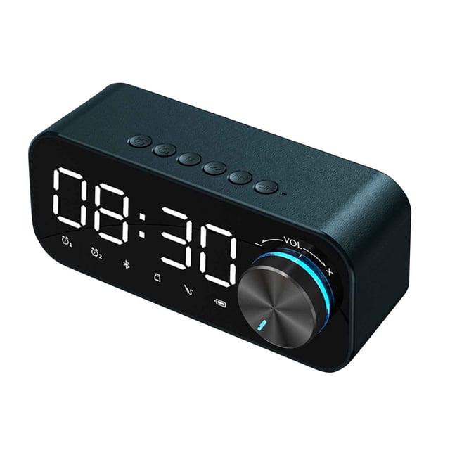 Pompotops New Smart Mirror Bluetooth Speaker Subwoofer Portable Mini Stereo Mini Clock Home Alarm Clock Card with a sleek black rectangular design. The device features a digital clock display showing 08:30, multiple control buttons on the top, and a large volume knob with blue accents for precise adjustment. Functions as a Bluetooth speaker, alarm clock, and night light, making it suitable for home or office environments.
