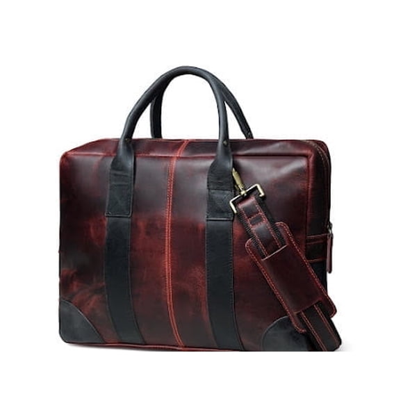 SHARO Classic Leather Antique Red Leather Two Tone Laptop Bag Briefcase