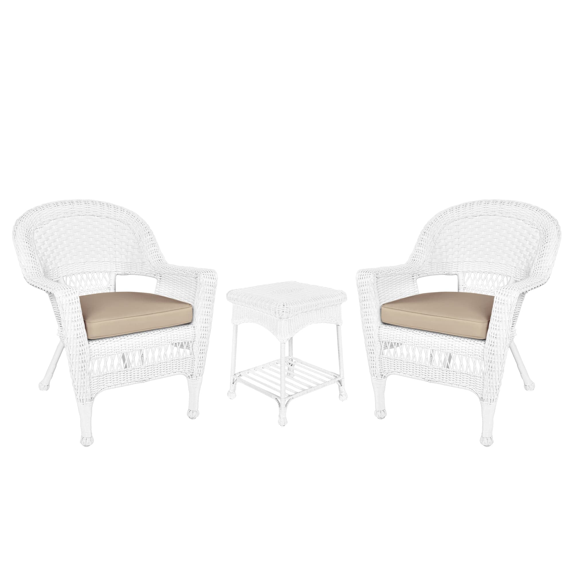 Jeco Ensemble de Conversation en Osier 3 Pcs, Blanc, avec Coussins Beige