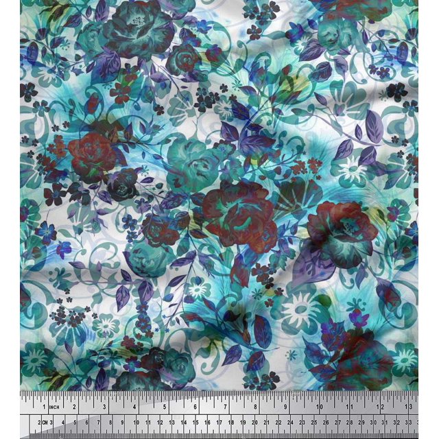 Soimoi Tissu Poly Georgette Feuilles et Imprimé de Fleurs de Roses, Tissu au Mètre, 42 Pouces de Large