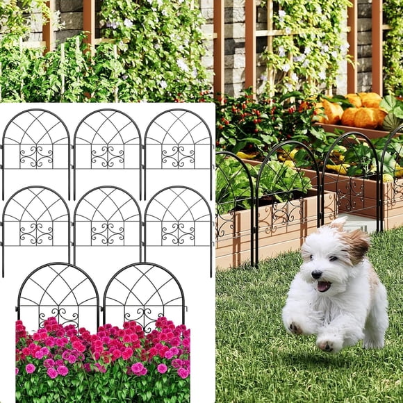 YUSAZENS 8 Pack 50x65.5cm Black Iron Decorative Garden Fencing Panel Rustproof Metal Border for Outdoor Lawn and Plant Bed Separation