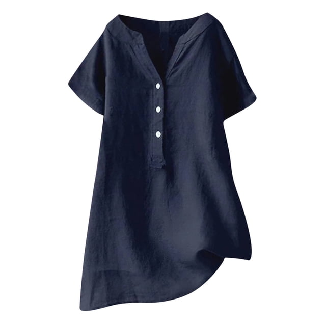 Timegard Womens Cotton Linen Tops Plus Size Notched V Neck Button Short Sleeve Casual Loose Tee Shirts